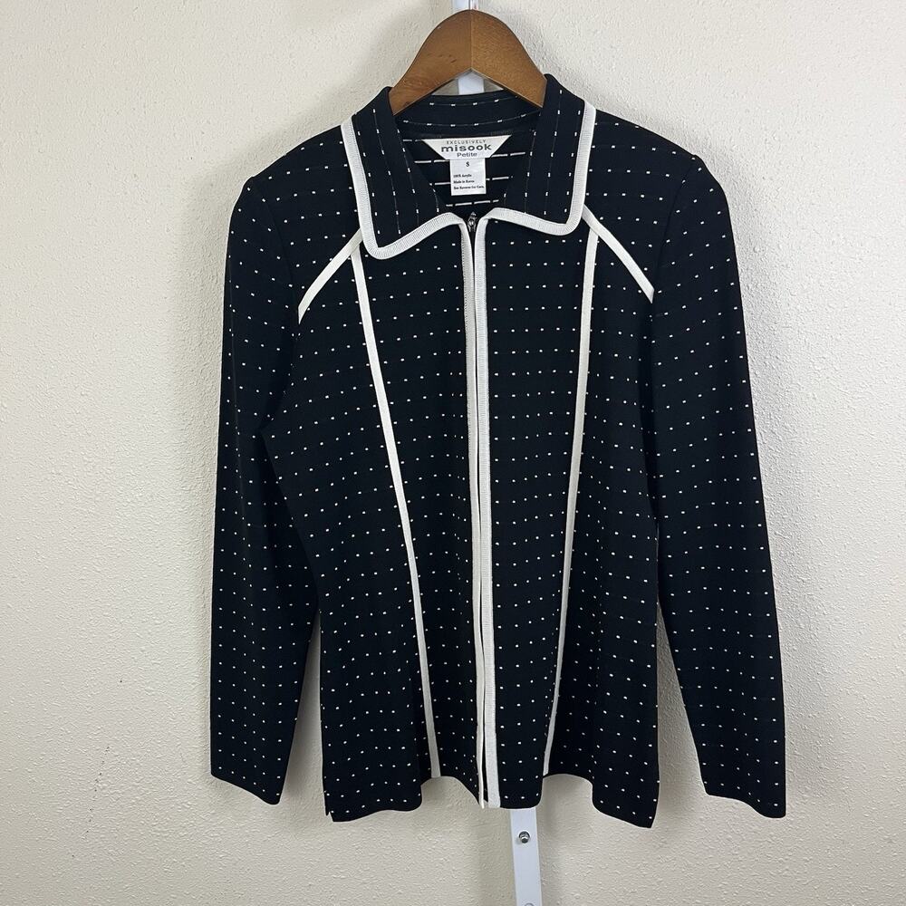 Misook Micro Dot Knit Jacket Womens Petite S Zip Front Black White